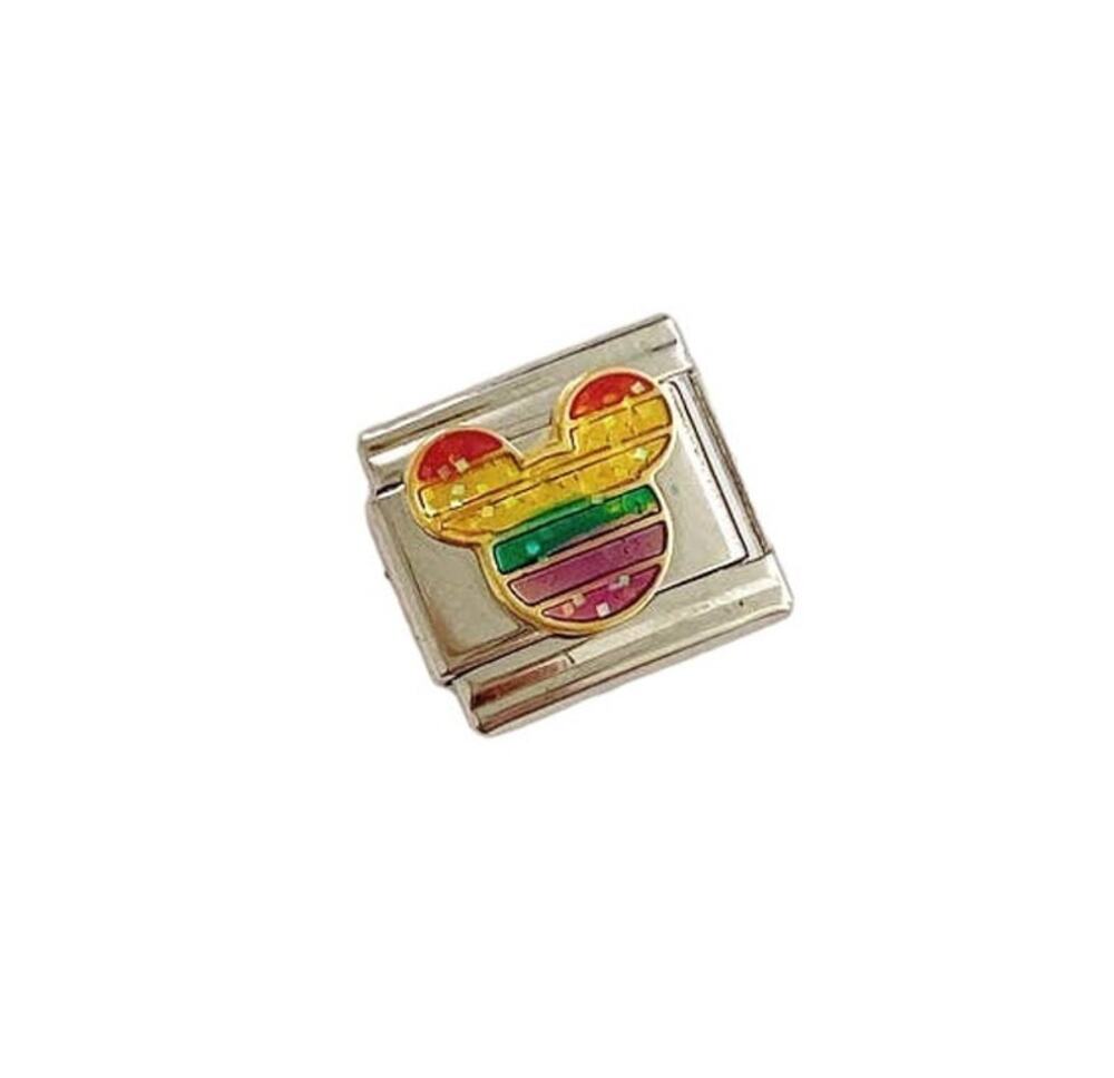 NWT 9mm Y2K Rainbow Glitter Mickey Mouse Silver Stainless Steel Italian Charm